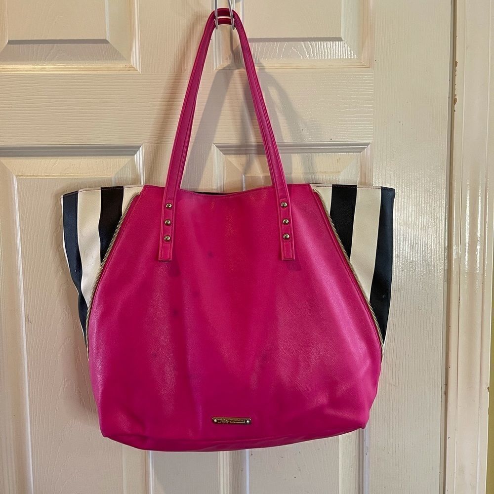 Juicy Couture hot pink & black &white tripes tote.